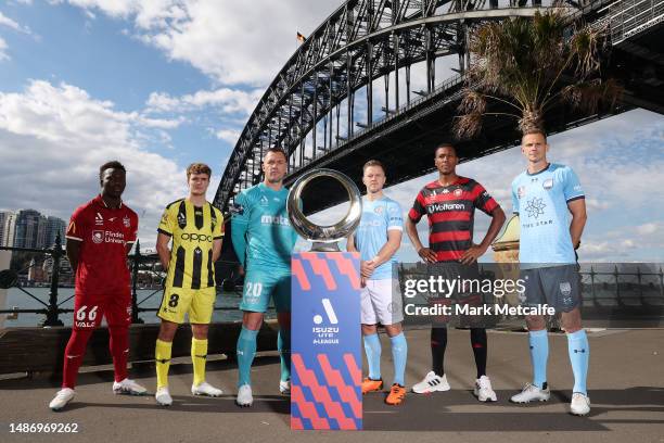 Scott Jamieson of Melbourne City; Nestory Irankunda of Adelaide United ; Danny Vukovic of Central Coast Mariners; Marcelo of Western of Sydney...