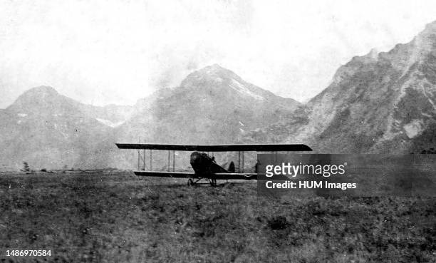 Photograph of an unidentified biplane that landed on the Blakiston Flats at Waterton Lakes National Park in 1920. Pilot Jock Palmer was known to...