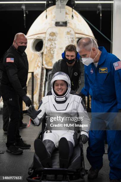 Astronaut Shane Kimbrough is seen after being helped out of the SpaceX Crew Dragon Endeavour spacecraft onboard the SpaceX GO Navigator recovery ship...