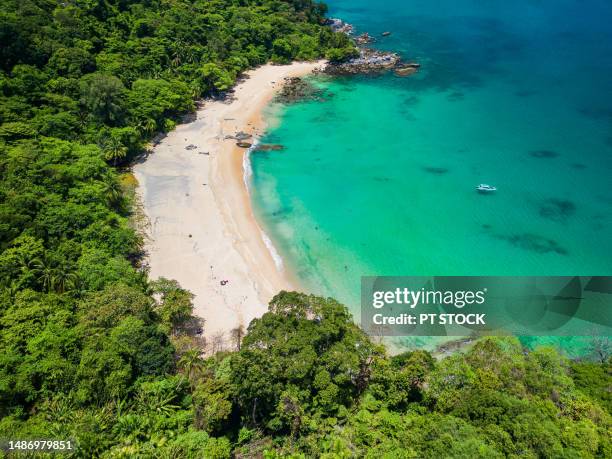 aerial view that sees beach laem sing, phuket province, thailand where tourists like to sunbathe and swim in the sea. - phuket province stock-fotos und bilder
