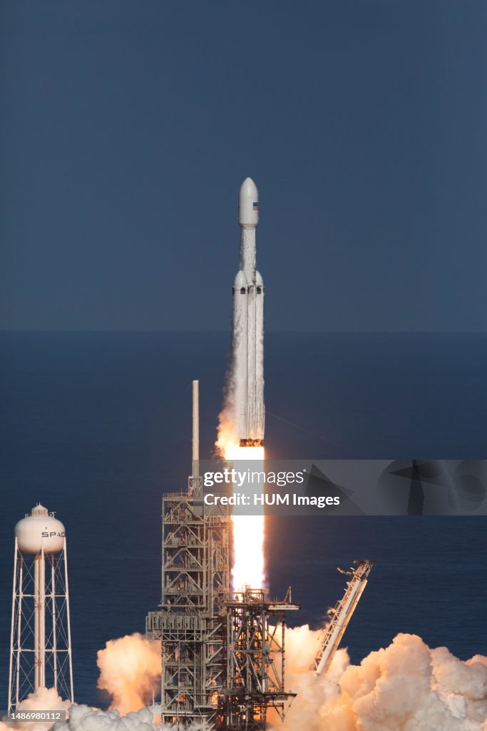A SpaceX Falcon Heavy rocket begins its demonstration flight with liftoff at 3:45 p.m. EST from from Launch Complex 39A at NASA's Kennedy Space Center in Florida ca. 2018