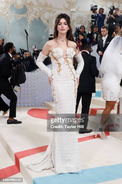 Anne Hathaway attends the 2023 Costume Institute Benefit celebrating "Karl Lagerfeld: A Line of Beauty" at Metropolitan Museum of Art on May 01, 2023...
