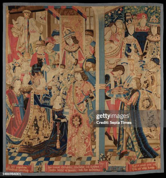 Esther and Ahasuerus, c. 1460-1485, 134 3/4 x 128 in. , Wool, silk; tapestry weave, Flanders, 15th century, This tapestry depicts several scenes from...