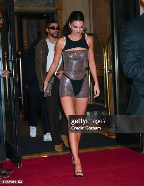 Kendall Jenner and Bad Bunny are seen heading to a Met Gala afterparty on May 01, 2023 in New York City.