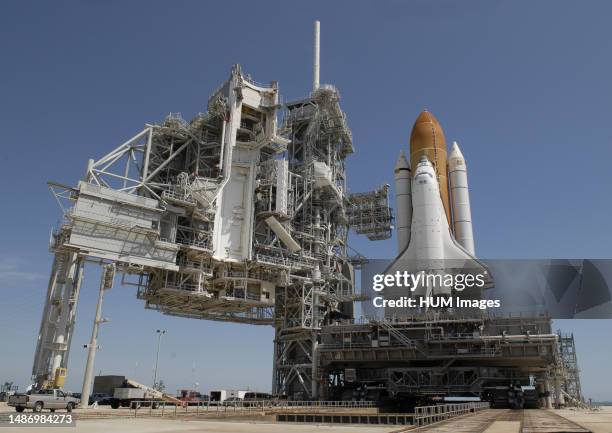 At NASA's Kennedy Space Center in Florida, space shuttle Endeavour has arrived at Launch Pad 39A and was secured to the pad ca. 2009.