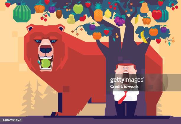 businessman screaming and finding bear holding apple beside fruits tree - eating apple stock illustrations