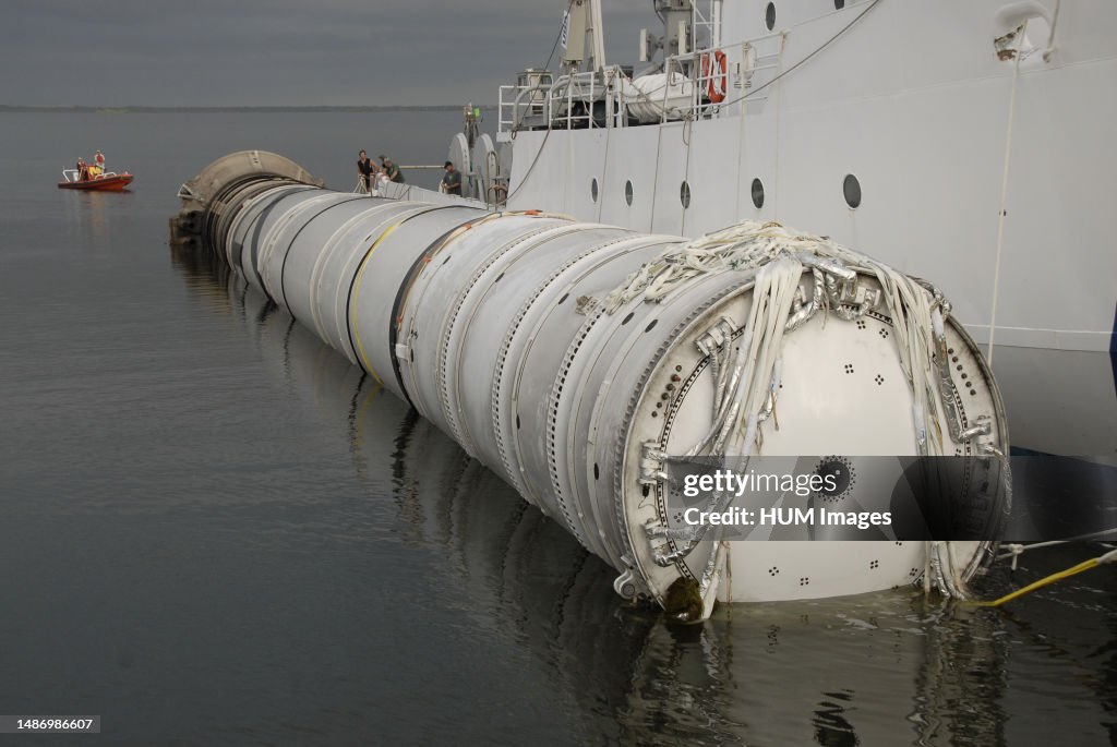 The solid rocket booster recovery ship Freedom Star, towing the spent ...