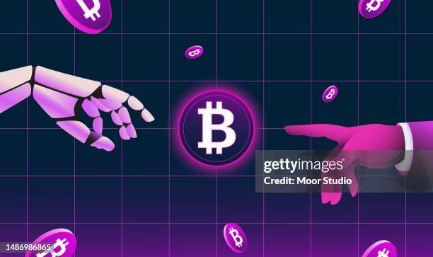 ilustraciones, imágenes clip art, dibujos animados e iconos de stock de robot y manos humanas tocando la ilustración vectorial de bitcoin - criptomoneda