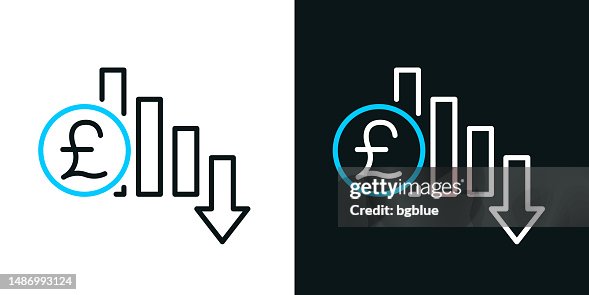 Pound rate decrease. Bicolor line icon on black or white background - Editable stroke Pound rate decrease. Bicolor line icon on black or white background - Editable stroke