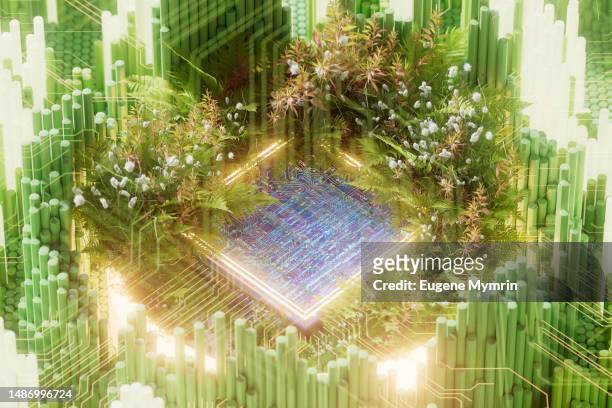 futuristic microchip and digital data flowing. merging technology and ecology. esg - blockchain isometric stock pictures, royalty-free photos & images