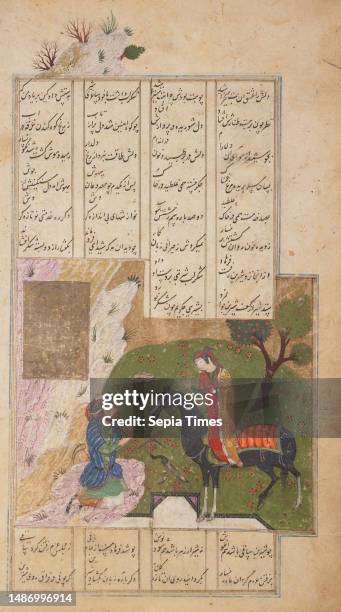 Shirin Visiting Farhad, late 15th century, 10 5/8 x 6 3/8 in. , Ink, colors, and gold on paper, Iran, 15th century, According to the epic poem...