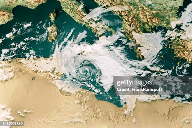 cyclone helios 2023 cloud map mediterranean sea 3d render color - weather map stockfoto's en -beelden