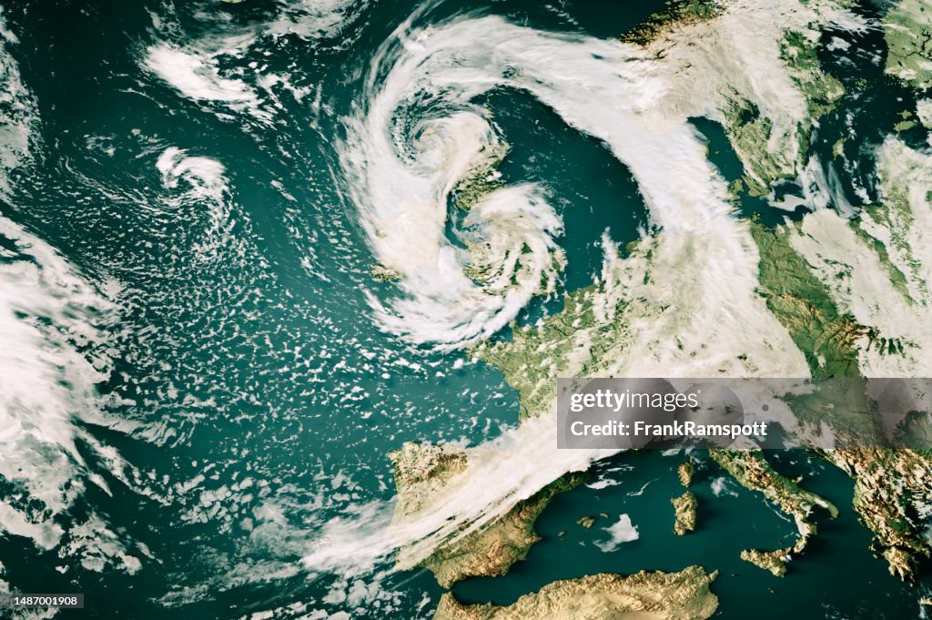 Storm Noa 2023 Cloud Map Atlantic Ocean Europe 3D Render Color