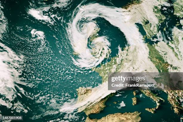 storm noa 2023 cloud map atlantic ocean europe 3d render color - väder bildbanksfoton och bilder