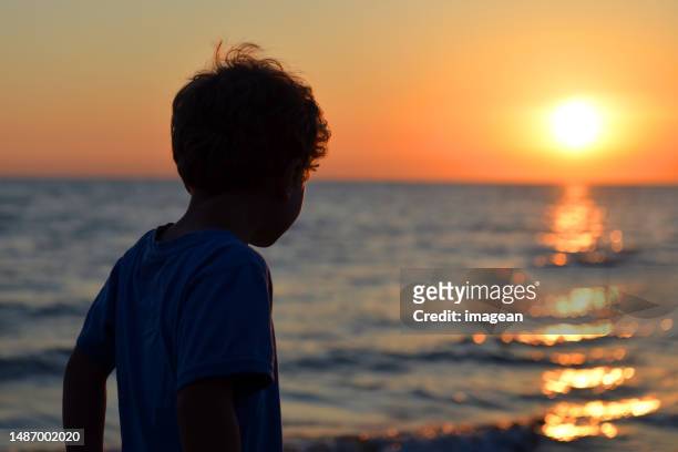 boy at the beach - child silhouette ocean stock pictures, royalty-free photos & images