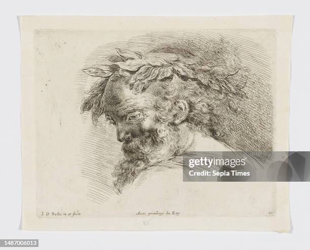 Head of an old man, crowned with laurel leaves, in profile, plate 22 from 'I principii del disegno' , c. 1641, Stefano della Bella; Publisher: Pierre...