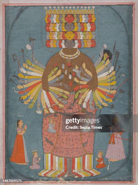 The Cosmic Form of Krishna, c. 1750-1775, 10 7/8 × 7 7/8 in. 25 1/2 × 21 3/4 × 1 in. , Opaque watercolor heightened with gold on paper, India, 18th...