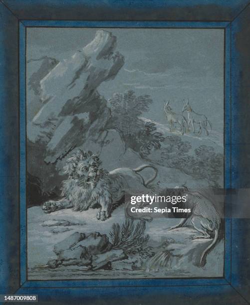 Le lion, le signe et les deaux ânes, 1729-1734, Jean-Baptiste Oudry, French, 1686–1755, 9 5/8 × 7 1/4 in. 11 3/4 × 9 11/16 in. 18 7/8 × 16 1/4 × 1...