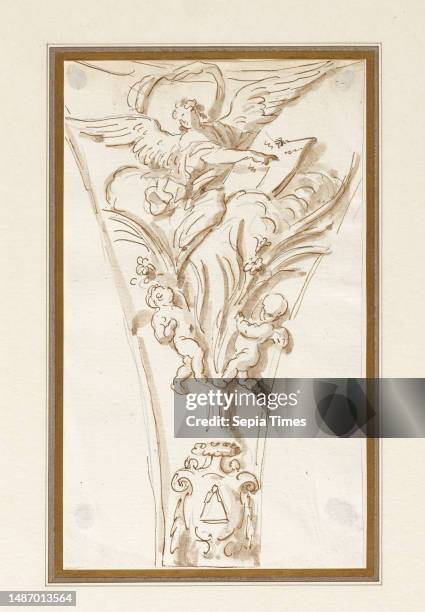 Angels with the Symbols of St. Matthew, 1747-1755, Joseph Wilton, British, 1722 - 1803, 9 1/16 x 5 5/16 in. , Pen and brown ink, brush over a black...