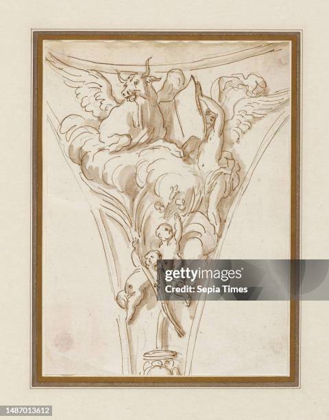 Angels with the Symbols of St. Luke, 1747-1755, Joseph Wilton, British, 1722 - 1803, 8 9/16 x 6 1/4 in. , Pen and brown ink, over a black chalk...