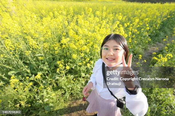 girl in peace sign gesture looking up in high angle view at the rapeseed oil blossoms flowerbed - kind camera bloemen stockfoto's en -beelden