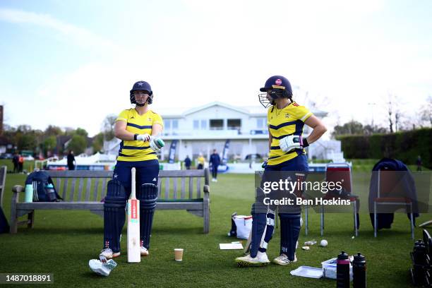 Alice Capsey and Kira Chathli of South East Stars prepare to bat during the Rachael Heyhoe Flint Trophy match between South East Stars and Southern...