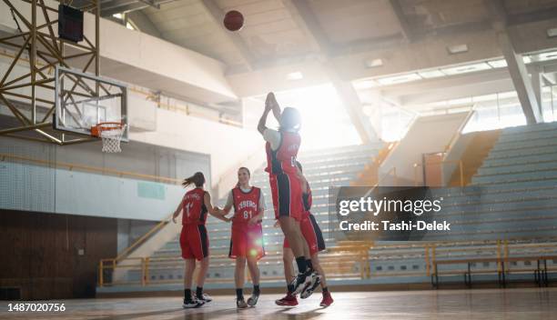 professional female basketball players training in indoor court - female basketball team stock pictures, royalty-free photos & images
