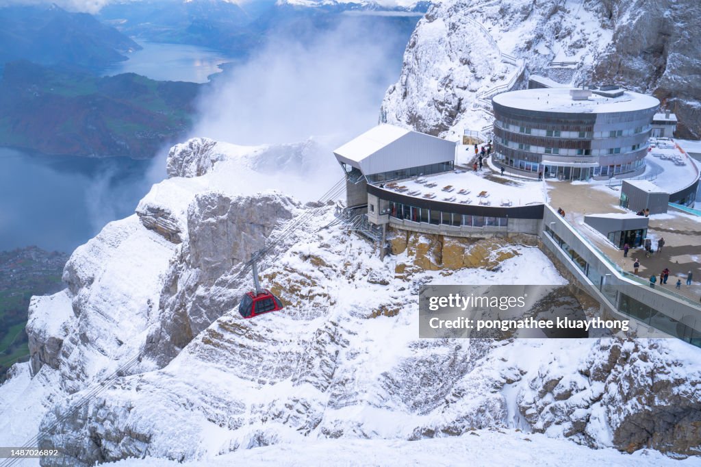 Pilatus Kulm mountain with a view over Lake Lucerne, Vierwaldstaettersee, and Buergenstock mountain, Lucerne, Switzerland