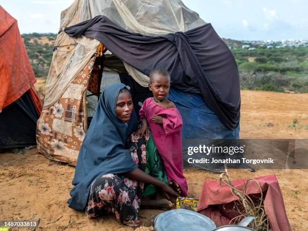 Families, mainly women and children at Kahda IDP camp near Mogadishu. Most young kids arrive with severe malnutrition, and some die. June 20, 2022 in...