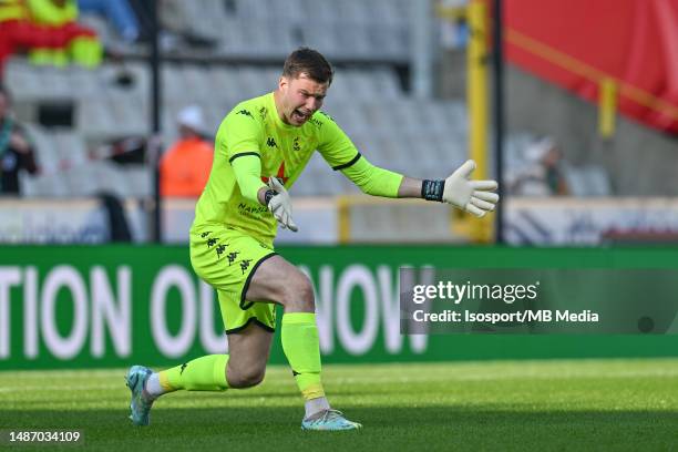 April 29 : Radoslaw Majecki of Cercle reacts during the Jupiler Pro League season 2022 - 2023 match day 1 of Play-off 2 between Cercle Brugge KV and...