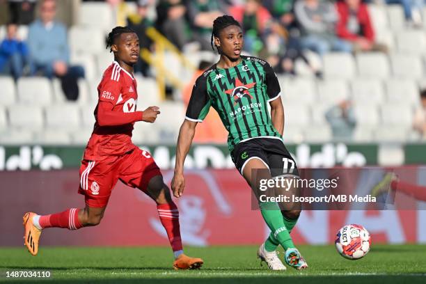 April 29 : William Balikwisha of Standard and Abu Francis of Cercle pictured in action during the Jupiler Pro League season 2022 - 2023 match day 1...