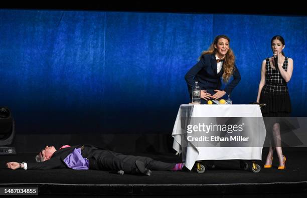 Paul Feig, Blake Lively and Anna Kendrick speak onstage during a bit to promote the film "A Simple Favor" during the Lionsgate presentation at The...