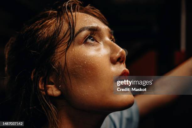 face of female athlete with sweat while working out at gym - sudan fotografías e imágenes de stock