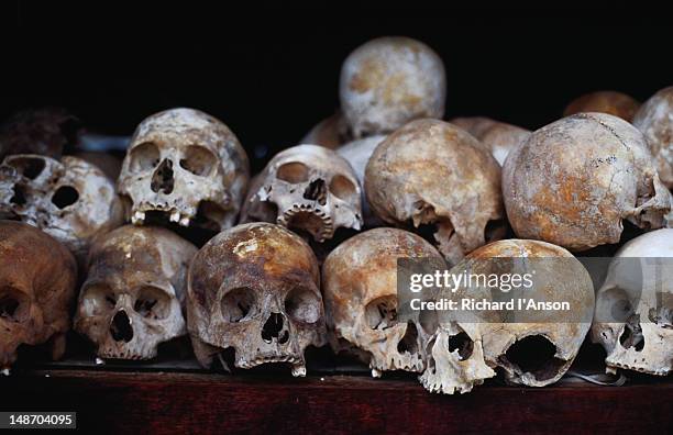 skulls on display in the memorial stupa at the killing fields of choeug ek. - cambodia genocide stock pictures, royalty-free photos & images