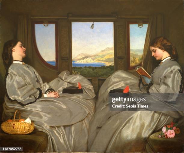 The Travelling Companions, 1862 Artist: Augustus Leopold Egg, Travel, Train, Passengers, Girl, Book, Reading, Sleeping, Window, Oil Painting, Flower,...