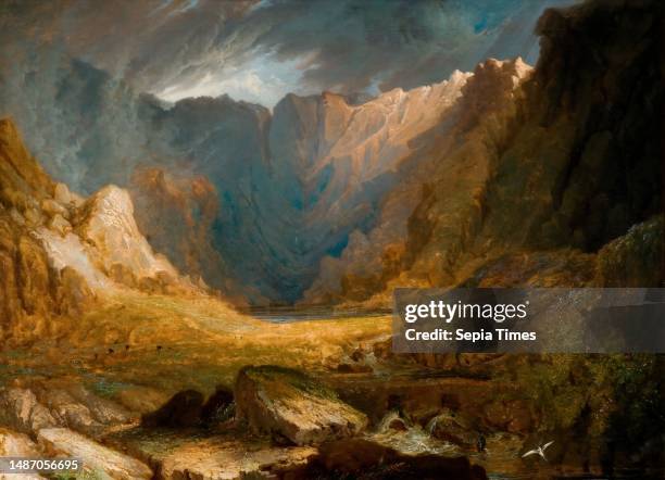 Llyn Idwal, North Wales, 1810-1850 Samuel Lines Snr, Devil's Kitchen, Snowdonia National Park, Landscape, Mountain, Lake, Oil Painting, Wales, Cliff.