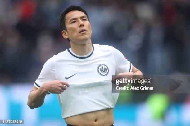 Makoto Hasebe of Eintracht Frankfurt reacts after the Bundesliga match between Eintracht Frankfurt and FC Augsburg at Deutsche Bank Park on April 29,...