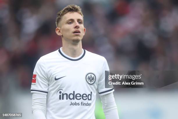 Jesper Lindstrom of Eintracht Frankfurt reacts during the Bundesliga match between Eintracht Frankfurt and FC Augsburg at Deutsche Bank Park on April...