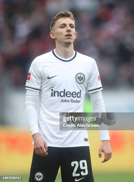 Jesper Lindstrom of Eintracht Frankfurt reacts during the Bundesliga match between Eintracht Frankfurt and FC Augsburg at Deutsche Bank Park on April...