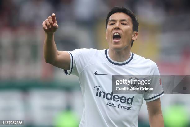 Makoto Hasebe of Eintracht Frankfurt reacts during the Bundesliga match between Eintracht Frankfurt and FC Augsburg at Deutsche Bank Park on April...