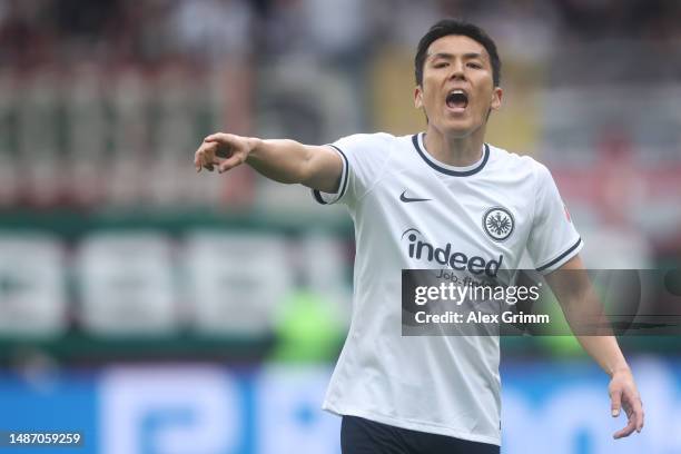 Makoto Hasebe of Eintracht Frankfurt reacts during the Bundesliga match between Eintracht Frankfurt and FC Augsburg at Deutsche Bank Park on April...