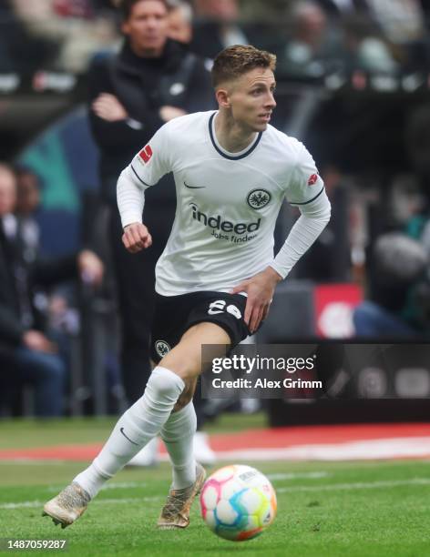 Jesper Lindstrom of Eintracht Frankfurt controls the ball during the Bundesliga match between Eintracht Frankfurt and FC Augsburg at Deutsche Bank...