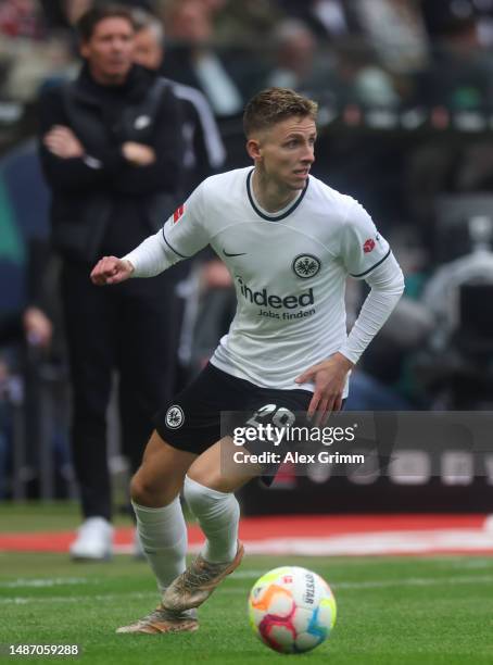 Jesper Lindstrom of Eintracht Frankfurt controls the ball during the Bundesliga match between Eintracht Frankfurt and FC Augsburg at Deutsche Bank...