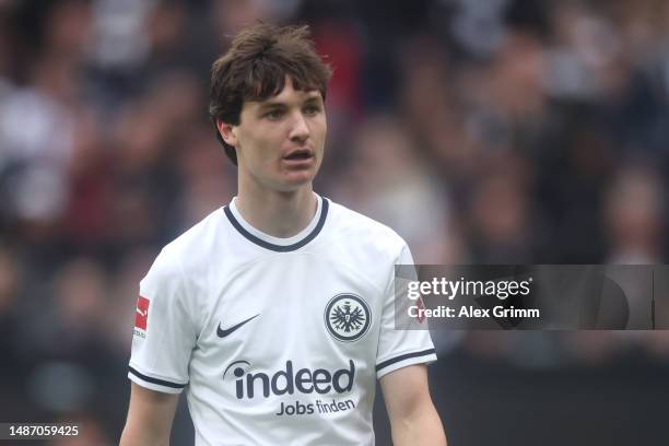 Paxten Aaronson of Eintracht Frankfurt reacts during the Bundesliga match between Eintracht Frankfurt and FC Augsburg at Deutsche Bank Park on April...