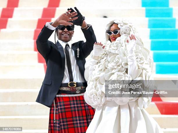 Rocky and Rihanna are seen attending The 2023 Met Gala Celebrating 'Karl Lagerfeld: A Line Of Beauty' at The Metropolitan Museum of Art on May 01,...