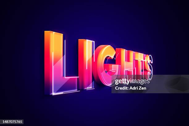 the word lights in a modern 3d style on a dark background - alphabet 3d stock-fotos und bilder