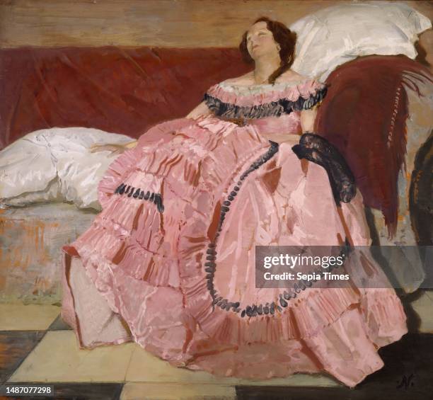 The Pink Dress, 1935 Artist: Sir William Nicholson , Sleeping, Sofa, Female, Cushion, Costume, Fashion, Clothing, Dress, Resting.