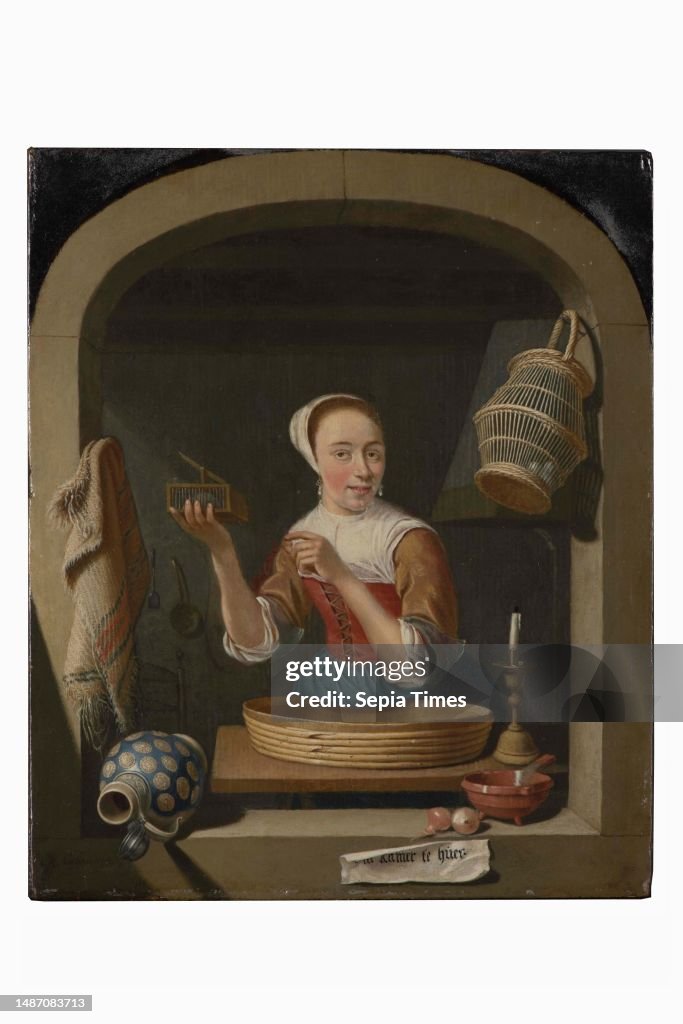 Young woman with mousetrap, painting, Abraham Snaphaen