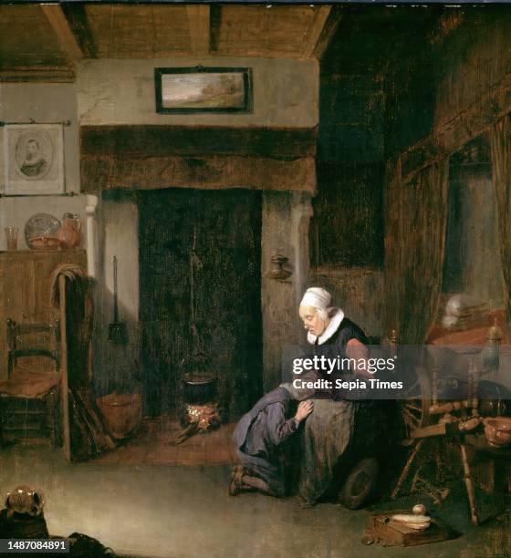 An Old Woman Delousing a Boy, painting, Quiringh Gerritsz. Van Brekelenkam Signature front, on the mantelpiece: Q.v. Brekel comb 1648 [hard to read],...