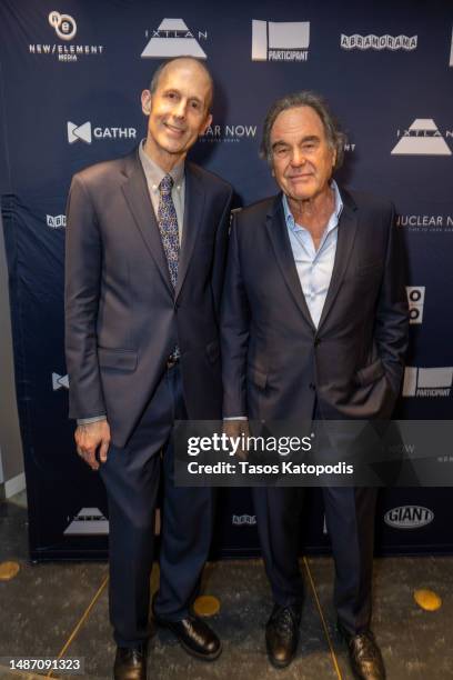 Joshua Goldstein and Oliver Stone attend the screening if "Nuclear Now" at Arleigh and Roberta Burke Theater on May 01, 2023 in Washington, DC.